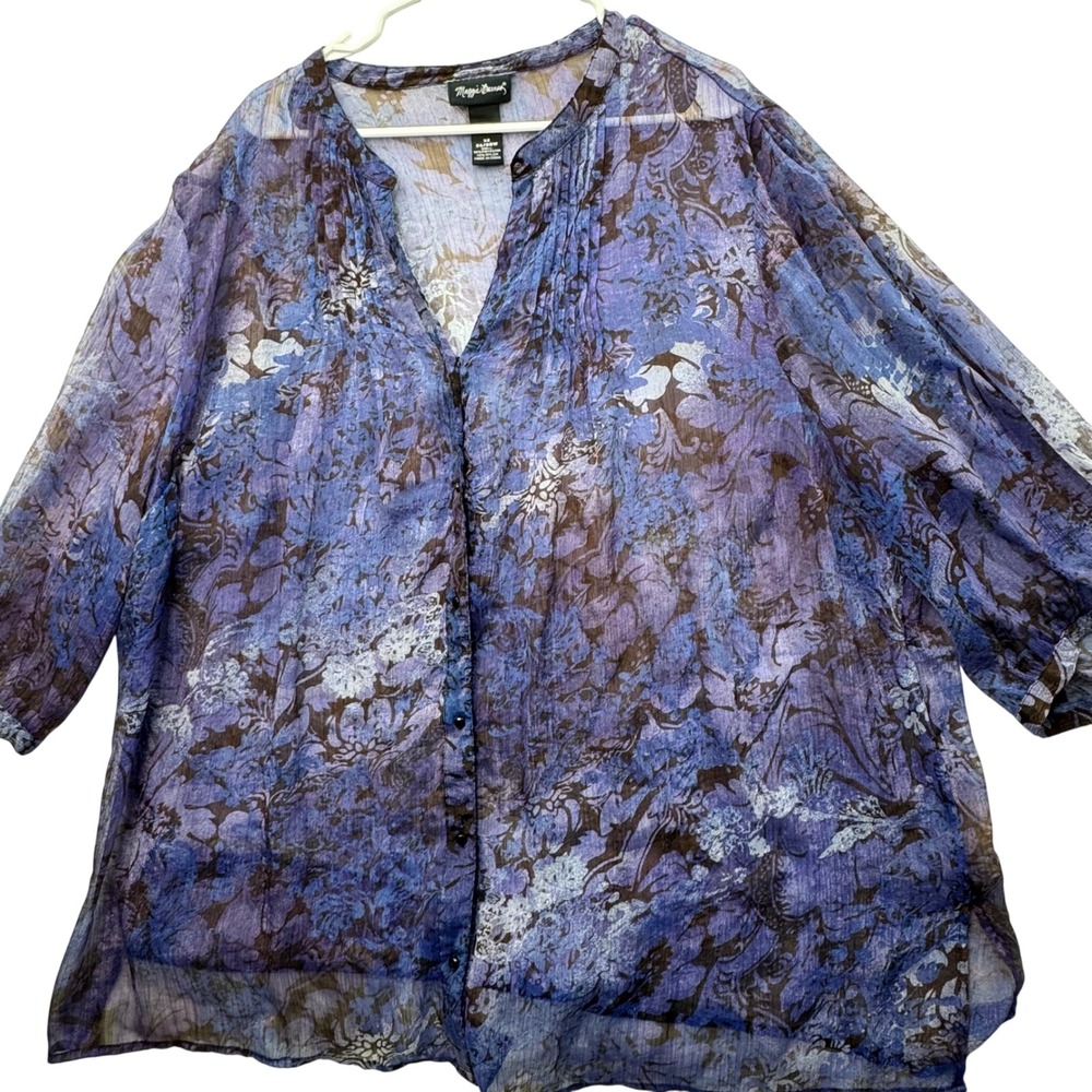 Maggie Barnes Blouse Women 3X Purple Floral Sheer Pintuck Boho 26/28W